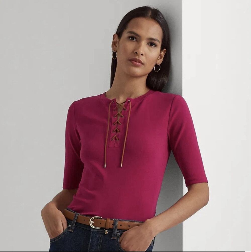 Lauren Ralph Lauren Raspberry Lace Front Tee Sz L